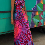 La Bamba Tie-dye Print Back Lace-up Stretch Maxi Dress