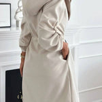 Effortless and Warm Textured Fabric Drawstring Waist Pocket Hooded Midi Coat