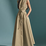 A-Line High Waisted Belted Buttoned Pockets Solid Color Round-Neck Maxi Dresses