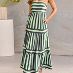 Loose Sleeveless Pleated Split-Joint Striped Spaghetti-Neck Maxi Dresses