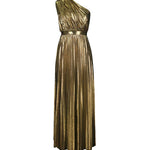 High Waisted Loose Asymmetric Pleated Shiny Solid Color One-shoulder Maxi Dresses