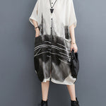 Half Sleeves Loose Printed Lapel Midi Dresses