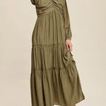 Green V Neck Bowknot Cutout Frill Tiered Maxi Dress