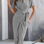 Half Sleeves High Waisted Buttoned Pleated Tied Waist V-Neck Midi Dresses