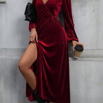A-Line High Waisted Elasticity Solid Color Split-Front Split-Joint Tied Waist Velvet V-Neck Maxi Dresses