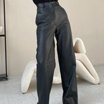 Skinny Leg Straight Leg High-Waisted Solid Color Split-Joint PU Pants Trousers