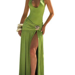 Back Stretch Equipment Bodycon Buckle Pleated Solid Color Split-Joint Split-Side Halter-Neck Maxi Dresses