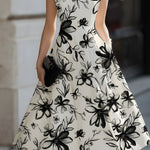 Floral Ink Print Cap Sleeve Midi Dress