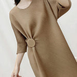 Half Sleeves Irregular Clipping Pleated Solid Color Round-Neck Midi Dresses