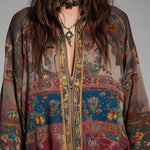 Bohemian-style Printed Blouse With A Front Zipper And Lace Trim