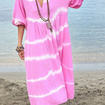 Striped tie-dye bubble half-sleeve V-neck casual dress