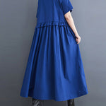 Simple Short Sleeves Loose Buttoned Falbala Split-Joint Solid Color Midi Shirt Dress