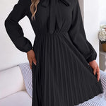 Long Sleeves Loose Pleated Solid Color Tied Mock Neck Mini Dresses