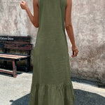 A-Line Loose Pleated Ruffle Trim Solid Color V-Neck Maxi Dresses