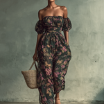 Women's Chiffon Floral Print Bandeau Short Sleeve Waist Jumpsuit