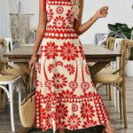A-Line Loose Elasticity Flower Print Pleated Tied Spaghetti-Neck Midi Dresses