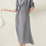 Stylish Irregularity Loose Pleated Solid Color Round-Neck Midi Dresses