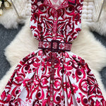 Sleeveless Belt Buckle Buttoned Contrast Color Floral Printed Midi Dresses