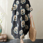 Loose Three-quarter Sleeves Buttoned Flower Print Stand Collar Midi Dresses
