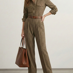 High Waisted Long Sleeves No Belt Plaid Pleated Pockets Lapel Jumpsuits