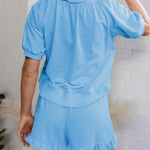 Women's Casual Puff Sleeve Top and Ruffle Shorts Set