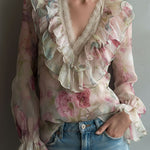 Romantic Floral Sheer Chiffon Ruffle Blouse With Lace Neckline