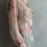 Romantic Floral Sheer Chiffon Ruffle Blouse With Lace Neckline