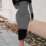 Long Sleeves Loose Contrast Color Striped V-Neck Midi Dresses Sweater Dresses