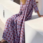 Ibiza Fashion Print Loose V Neck Long Sleeve Long Dress