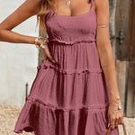 A-Line Loose Jacquard Layered Pleated Solid Color Split-Joint Spaghetti-Neck Mini Dresses