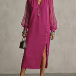 Long Sleeves Puff Sleeves Buttoned Pleated Pockets Solid Color Split-Side V-Neck Midi Dresses