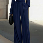 Draped V-Neck Long-Sleeve Wide-Leg Jumpsuit