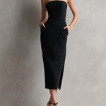 Women's Elegant Black Stretch Strapless Bodycon Midi Dress