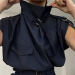 Loose Sleeveless Buckle Solid Color Stand Collar Blouses&Shirts Tops