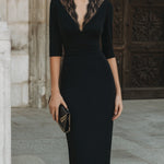 Lace-Trim V-Neck Three-Quarter Sleeve Midi Dress
