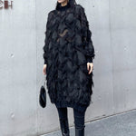 Irregularity Long Sleeves Asymmetric Mesh Pockets See-Through Solid Color Split-Joint Tasseled Stand Collar Midi Dresses