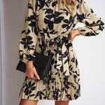 High Waisted Long Sleeves Flower Print Pleated Tied Waist Mock Neck Mini Dresses