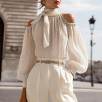 Polka Dot Cold-Shoulder Chiffon Blouse With Scarf Tie