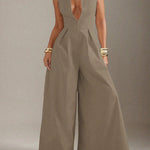 Sleeveless Wide Leg Pleated Solid Color Split-Joint Zipper Round-Neck Jumpsuits