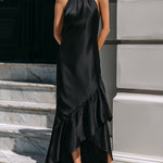 Elegant Halter Neck Asymmetric Ruffle Hem Maxi Dress