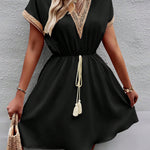 A-Line Elasticated Waist Contrast Color Drawstring Hollow Split-Joint Tasseled Tied V-Neck Mini Dresses
