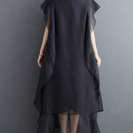 Loose Ruffle Sleeves Falbala Ruffled Solid Color Round-neck Midi Dresses