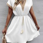 A-Line Elasticated Waist Contrast Color Drawstring Hollow Split-Joint Tasseled Tied V-Neck Mini Dresses