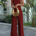 Charm and Charisma Texture Fabric Halter Neck Backless Tank and Elastic Waist Wide Leg Pants Suit