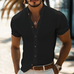 Men's Summer Basic Stand Collar Textured Short Sleeve Shirt