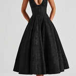 Margovil Halter V Neck Waisted Jacquard Swing Midi Party Dress