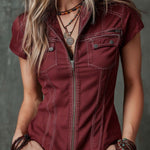 Vintage Short-sleeved Zippered Placket Denim Blouse