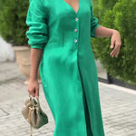Solid Color V-neck Long Sleeve Waist Pocket Jumpsuit