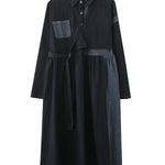 Original Loose Denim Split-Joint Tied Lapel Collar Long Sleeves Midi Dress