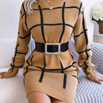 Elasticated Waist Long Sleeves Belted Contrast Color Plaid Round-Neck Mini Dresses Sweater Dresses